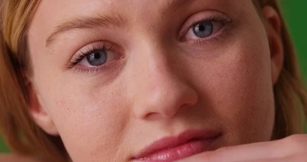 Close Young Millennial Caucasian Woman Looking Camera Green Screen — Stock Photo, Image