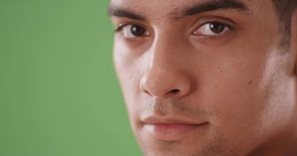 Close Headshot Hispanic Millennial Man Green Screen — Stock Photo, Image