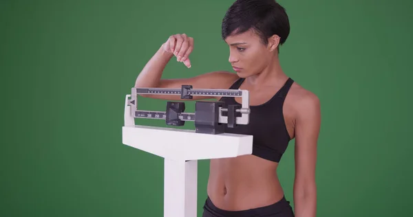 Healthy Young Black Woman Standing Scale Weigh Herself Green Screen — Stock Photo, Image