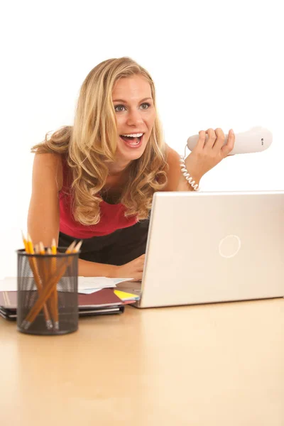 Aufgeregte Geschäftsfrau Arbeitet Isoliert Auf Weißem Hintergrund — Stockfoto