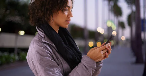 Svart Kvinna Textning Smartphone Utomhus — Stockfoto