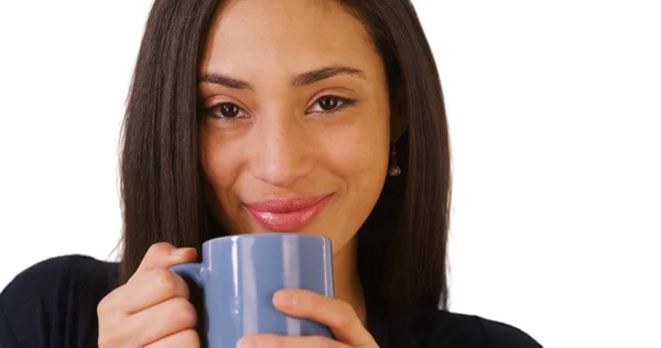 Close Portrait Hispanic Woman Drinking Coffee White Background — Stock Photo, Image