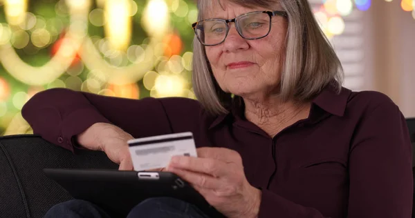 Tight Shot Happy Old Lady Couch Christmas Shopping Online Using — Stock Photo, Image