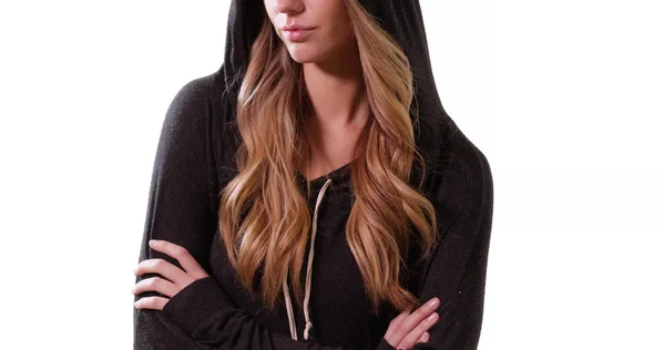 Blonde Vrouw Draagt Een Hoodie Witte Achtergrond Met Copyspace — Stockfoto