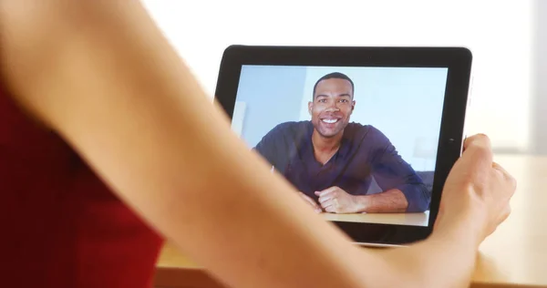 Closeup Happy Black Man Talking Tablet — Stock Photo, Image