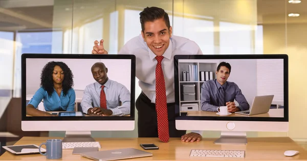 Business Man Giving Bunny Ear Colleague Computer Screen Making Faces — Stock Photo, Image