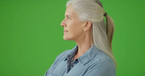 Orgoglioso Guardando Donna Anziana Guardando Fuori Lontananza Sullo Schermo Verde — Foto Stock