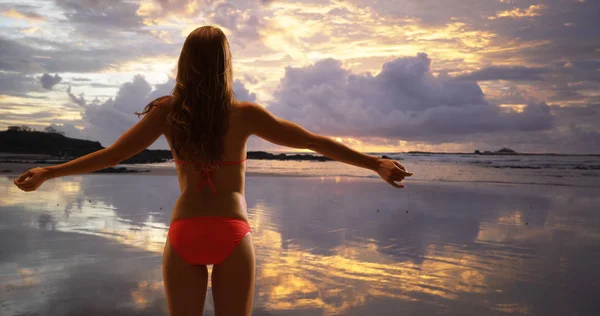 性感的女人站在海滩上欣赏日落 — 图库照片