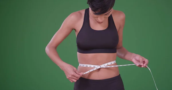 Mulher Medir Tamanho Cintura Após Dieta Bem Sucedida Tela Verde — Fotografia de Stock