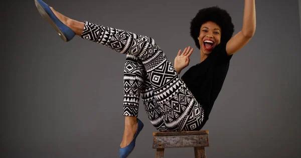Happy Black Woman Dancing Chair — Stock Photo, Image