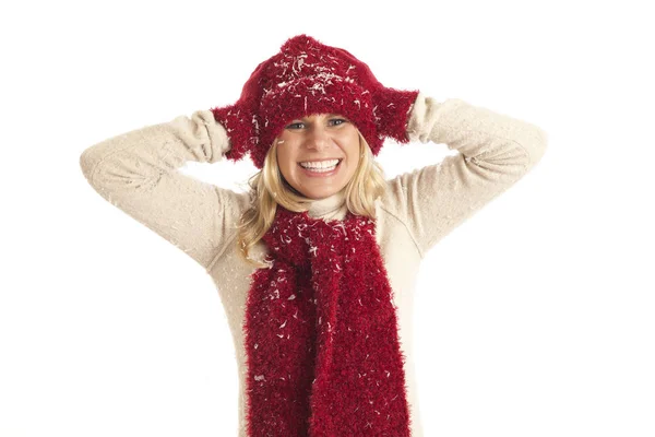 Jovem Com Chapéu Vermelho Cachecol Jogando Neve — Fotografia de Stock