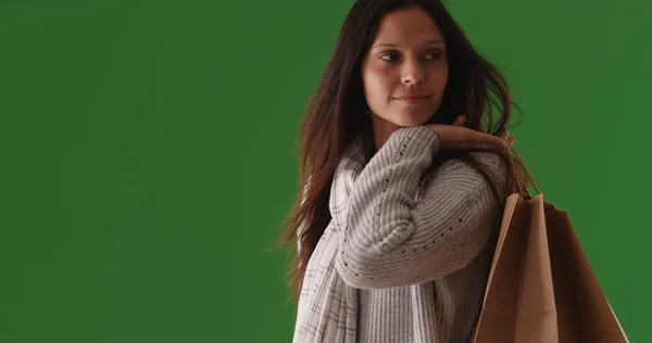 Portrait Young Woman Carrying Shopping Bags Shoulder Green Screen — Stock Photo, Image