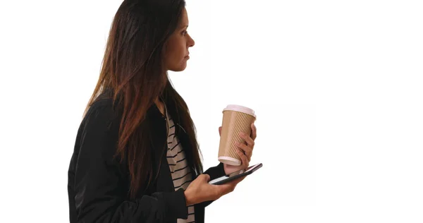 Hipster Menina Jaqueta Bomber Com Mensagens Texto Café Fundo Branco — Fotografia de Stock