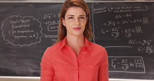 White young female math teacher giving lecture to her students confidently