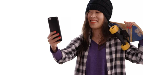 Lovely Millennial Skater Using Technology Take Selfie Copy Space — Stock Photo, Image