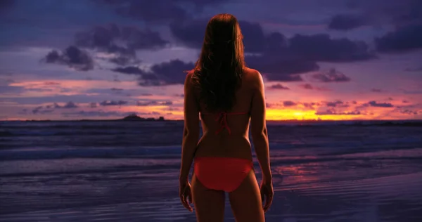 Сексуальная Женщина Стоящая Пляже Восхищающаяся Закатом — стоковое фото