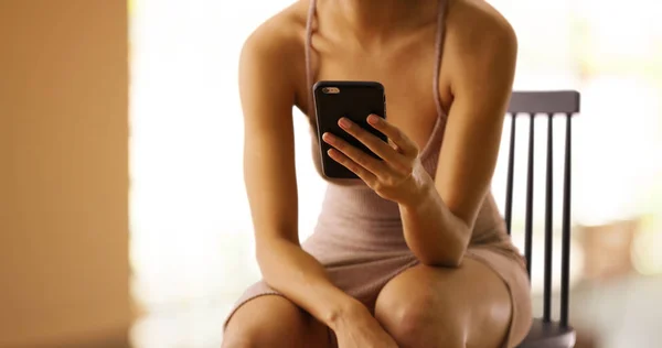 Closeup Black Woman Texting Mobile Handheld Device — Stock Photo, Image