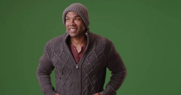 Cold African American Man Beanie Sweater Green Screen — Stock Photo, Image