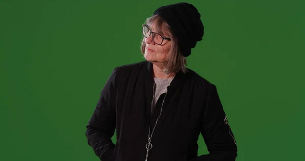Casual Old Woman Jacket Beanie Looking Green Screen — Stock Photo, Image