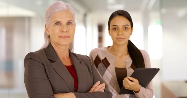 Deux Femmes Affaires Posent Pour Portrait Travail — Photo