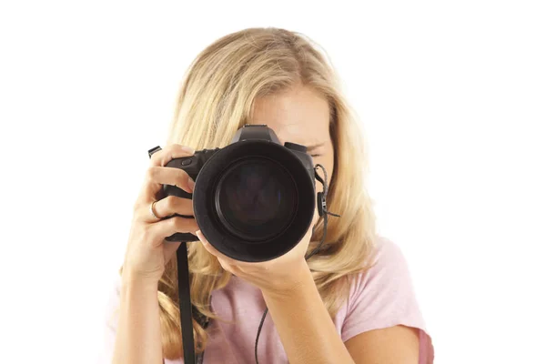 Jovem Com Câmera Tirando Uma Foto — Fotografia de Stock