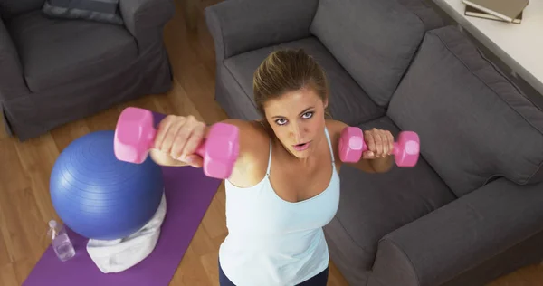 Fit Young Woman Lifting Weights Home — Stock Photo, Image