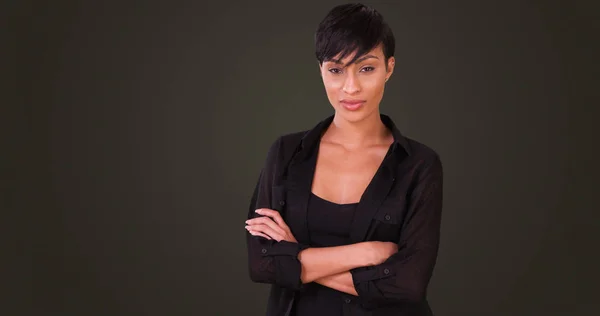 Happy Black Woman Smiling Arms Crossed Standing Front Grey Background — Stock Photo, Image