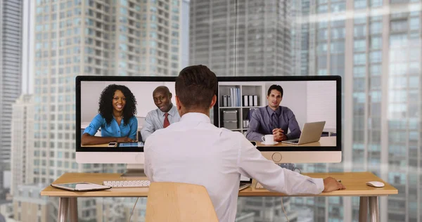 Exitoso Grupo Socios Negocios Que Tienen Conferencia Web Basada Internet — Foto de Stock