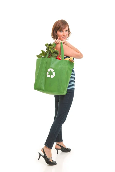 Mujer Joven Con Bolsa Verde Alimentos Verduras Saludables —  Fotos de Stock