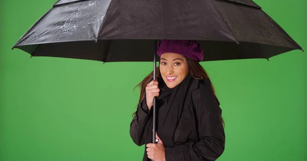 Cute Latina Female Dressed Raincoat Holding Umbrella Green Screen — Stock Photo, Image