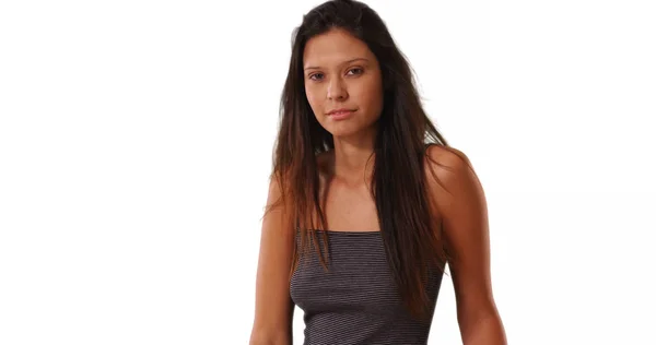 Bastante Chica Caucásica Vistiendo Camiseta Rayas Sobre Fondo Blanco — Foto de Stock