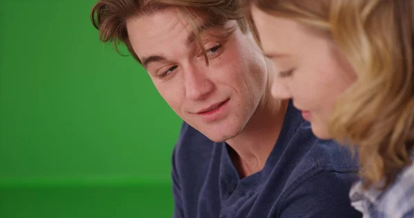 Closeup Handsome White Male Looking Girlfriend Green Screen — Stock Photo, Image