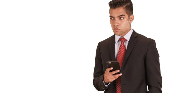 Empresário Sms Mensagens Usando Mídia Social Telefone Celular Com Fundo — Fotografia de Stock