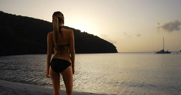Atractiva Hembra Bikini Con Cámara Trasera Mirando Horizonte Playa — Foto de Stock