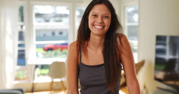 Beautiful Caucasian Girl Wears Striped Tank Top Her Apartment — Stock Photo, Image