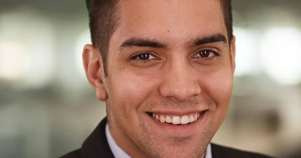 Close Portrait Hispanic Business Man Smiling Looking Camera Wearing Suit — Stock Photo, Image