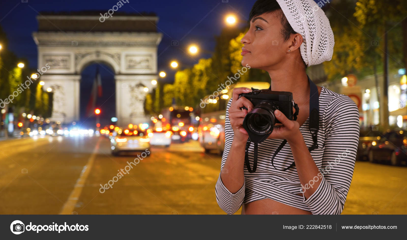 Female African Photographer Taking Photos Paris Arc Triomphe Stock
