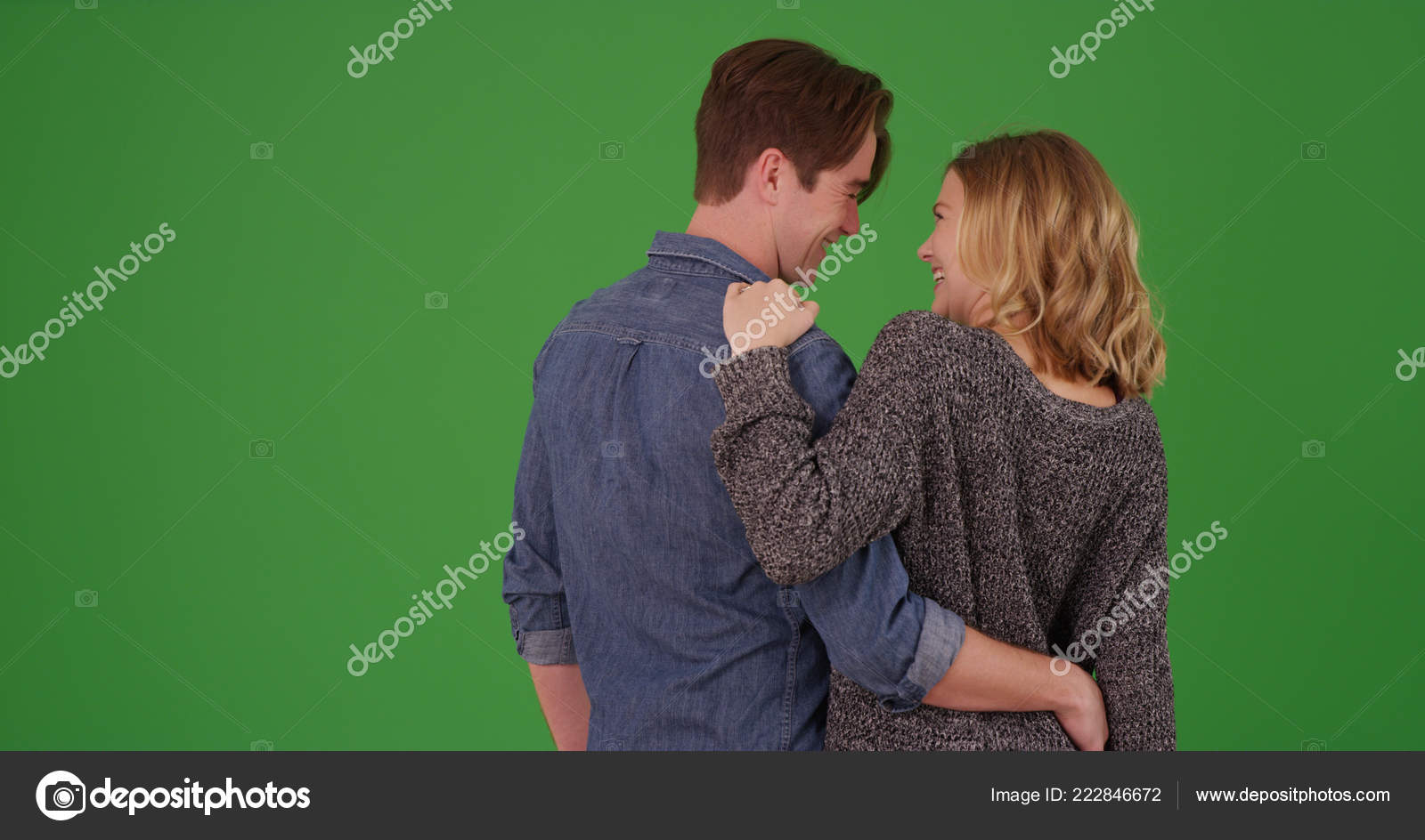 Rear View Happy Couple Being Romantic Each Other Green Screen ??? Stock