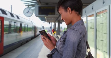 Pasaportunu tren istasyonunda bakarak emin Afrikalı-Amerikalı kadın