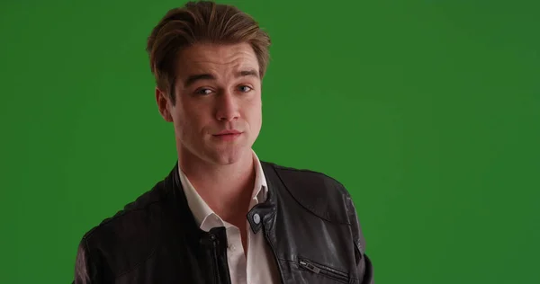 Portrait Young White Male Leather Jacket Looking Camera Green Screen — Stock Photo, Image