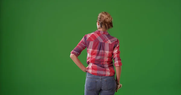 Visão Traseira Jardineiro Feminino Branco Com Luvas Tela Verde — Fotografia de Stock