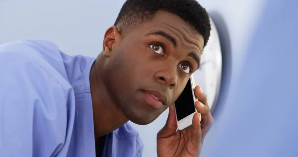 Close Black Doctor Talking Cellphone Working Colleague — Stock Photo, Image