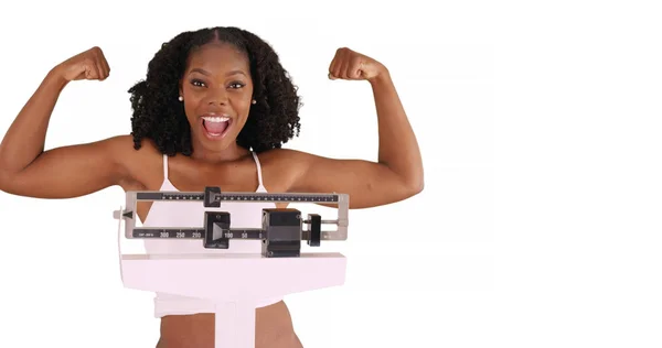 Smiling Black Woman Cheers Weight Loss White Background Copyspace — Stock Photo, Image