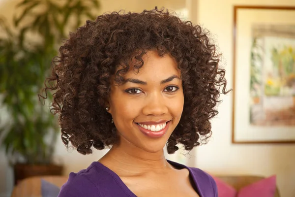 Close Portrait Millennial Black Woman Smiling Camera Home — Stock Photo, Image