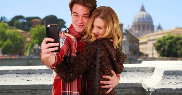 Happy Attractive Young Couple Taking Fun Selfies Rome — Stock Photo, Image