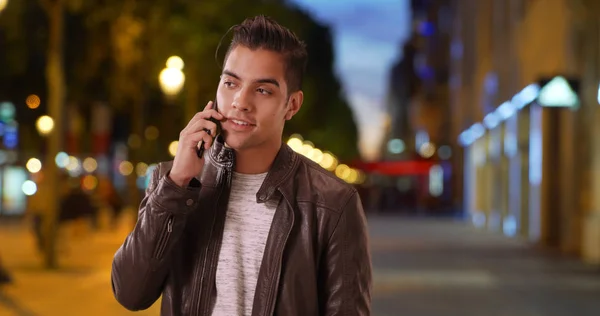 Handsome Millennial Guy Talking Cellphone Champs Elysees Avenue Night — Stock Photo, Image