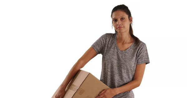 Young Caucasian Woman Carrying Box Shipping White Background — Stock Photo, Image