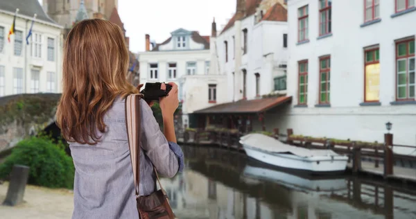 Portrait Woman Tourist Her Camera Bruges — Stock Photo, Image