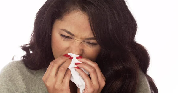 Spaanse Vrouw Gevoel Ziek Witte Achtergrond — Stockfoto