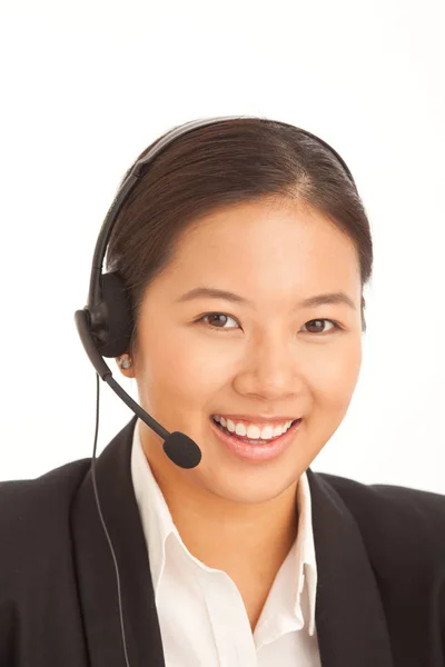 Lindo Millennial Telemarketer Femenino Sonriendo Sobre Fondo Blanco — Foto de Stock